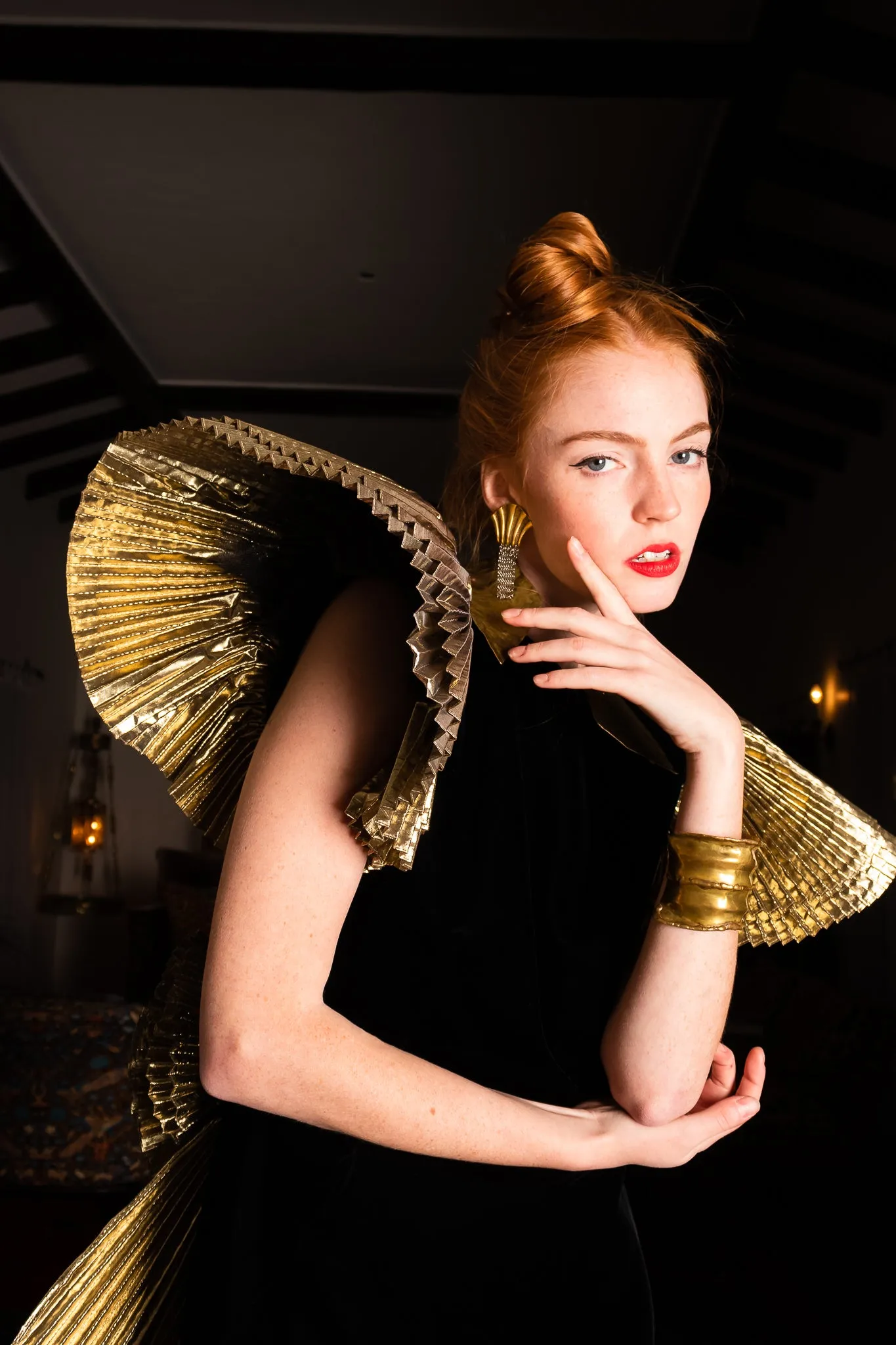 Lamé Ruffle Velvet Sheath Gown