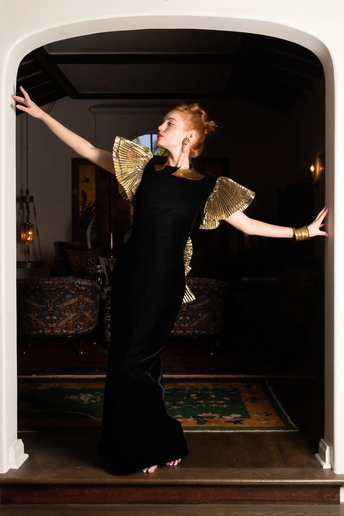 Lamé Ruffle Velvet Sheath Gown