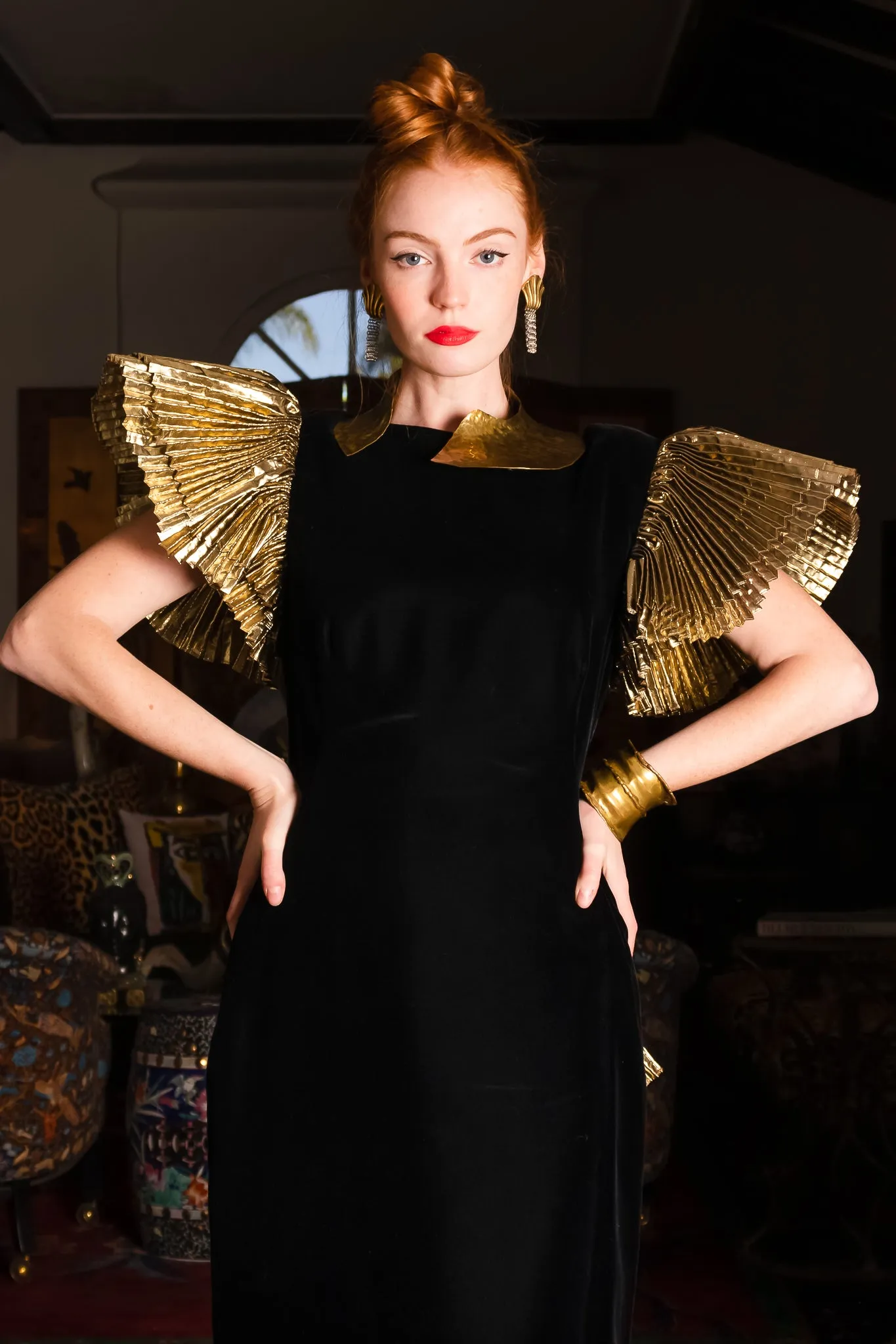 Lamé Ruffle Velvet Sheath Gown