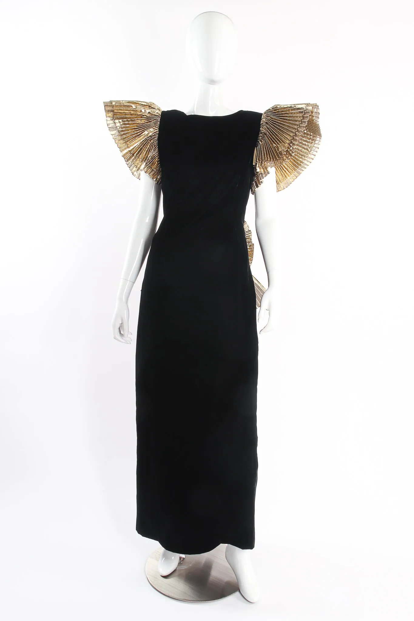 Lamé Ruffle Velvet Sheath Gown
