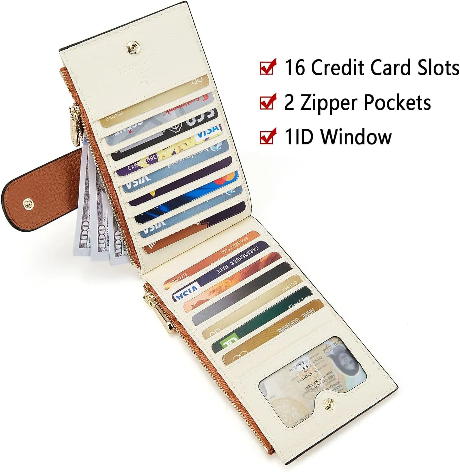 Leather Bifold Wallets for Women, Double Zipper Pocket Credit Card Holder
