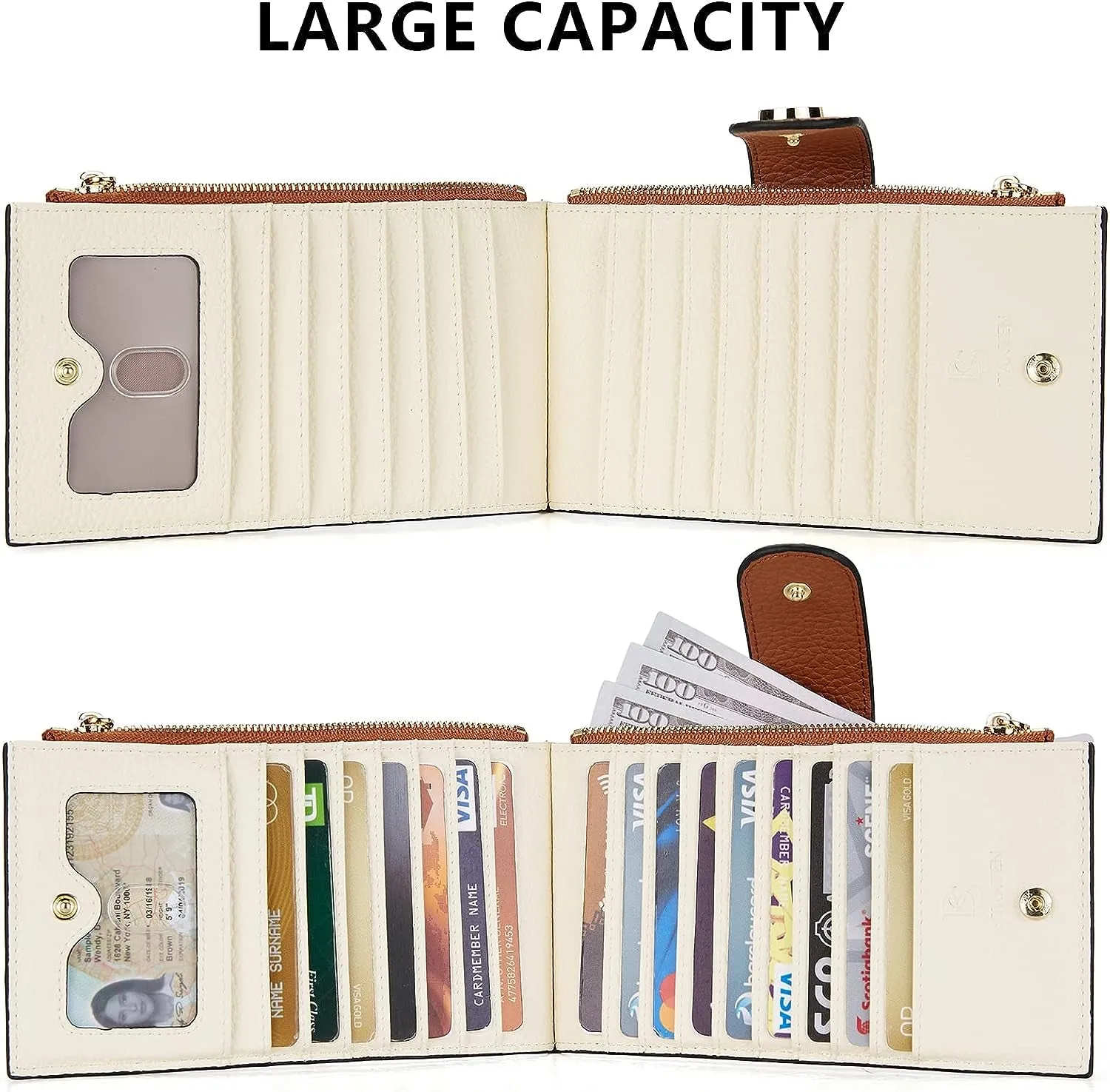 Leather Bifold Wallets for Women, Double Zipper Pocket Credit Card Holder