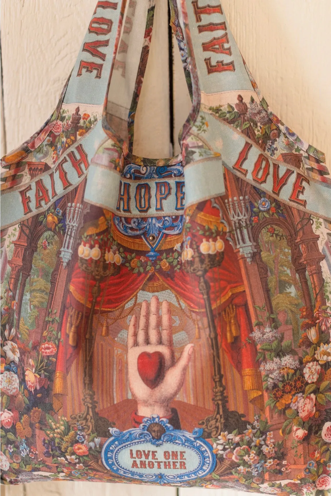Market Of Stars Love Language Heart and Floral Print Linen Tote Bag