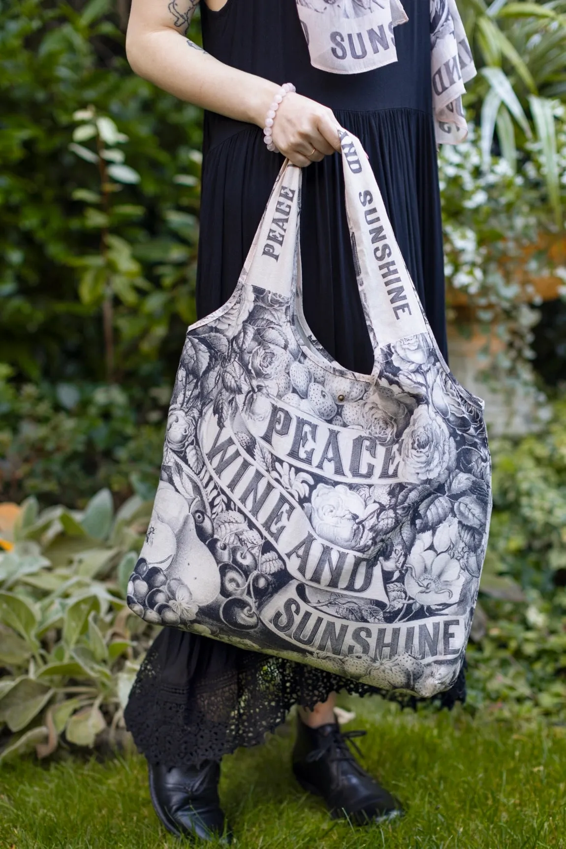 Market Of Stars Peace Wine & Sunshine Floral Boho Linen Tote Bag
