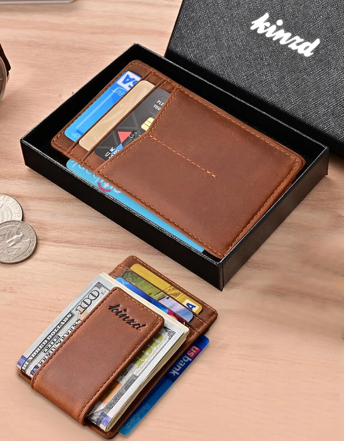 Money Clip for Men Front Pocket Wallet Leather RFID Blocking Strong Magnet Wallet Brown