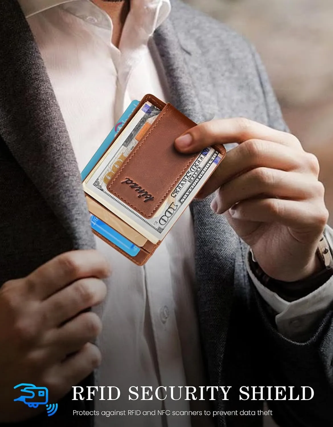 Money Clip for Men Front Pocket Wallet Leather RFID Blocking Strong Magnet Wallet Brown
