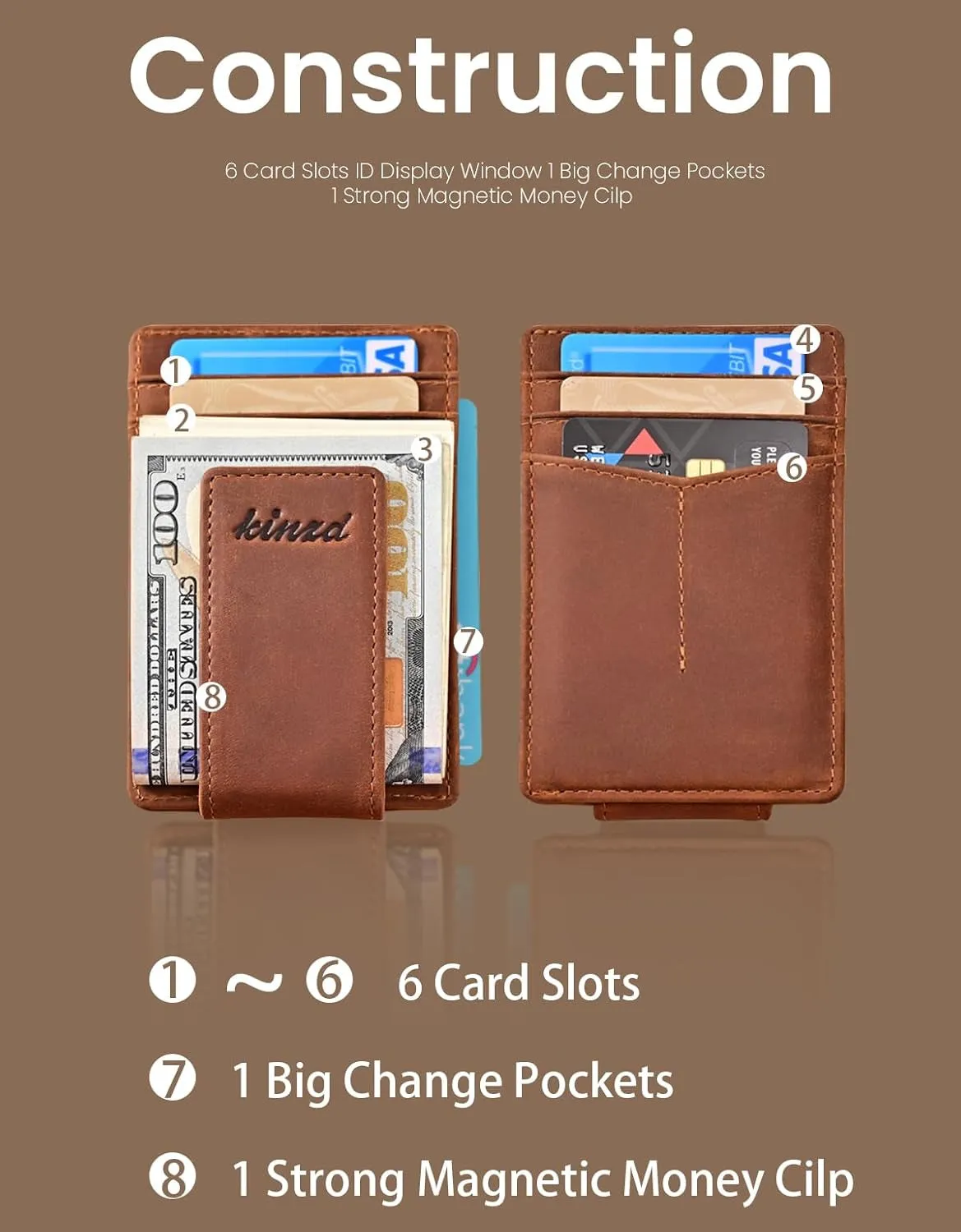 Money Clip for Men Front Pocket Wallet Leather RFID Blocking Strong Magnet Wallet Brown