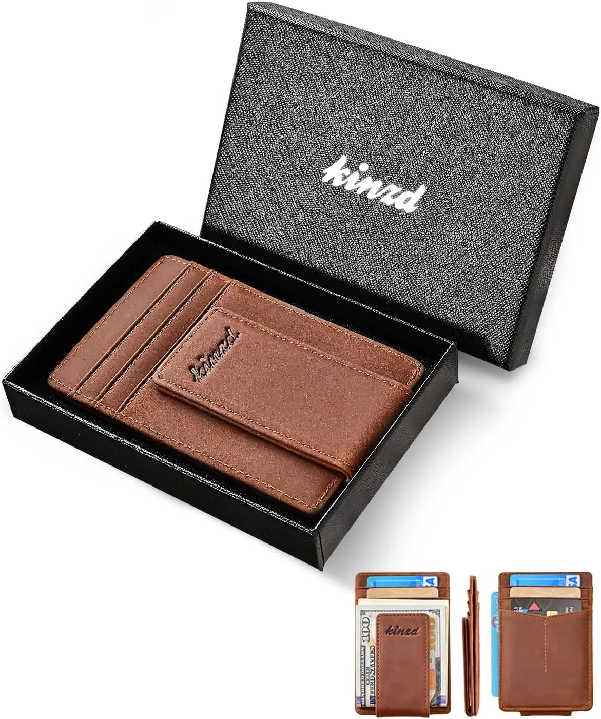 Money Clip for Men Front Pocket Wallet Leather RFID Blocking Strong Magnet Wallet Brown