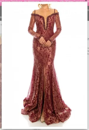 Odrella 1080  Burgundy Metallic Lace Trumpet Evening Dress