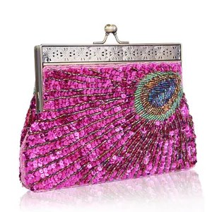Peacock Elegance: Sequin Evening Clutch with Chain Shoulder Strap - Perfect for Banquets and Weddings