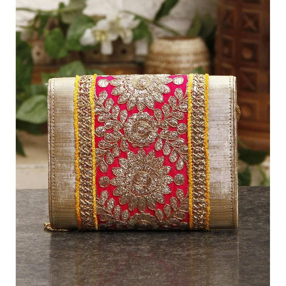 Pink & Yellow Zari & Sequin Clutch