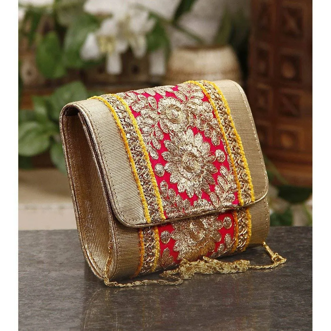 Pink & Yellow Zari & Sequin Clutch