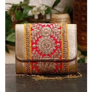 Pink & Yellow Zari & Sequin Clutch