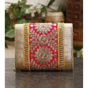 Pink & Yellow Zari & Sequin Clutch