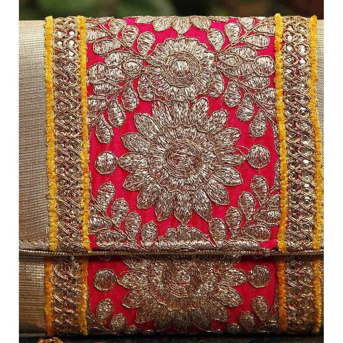 Pink & Yellow Zari & Sequin Clutch