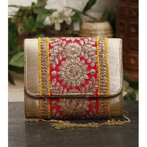 Pink & Yellow Zari & Sequin Clutch