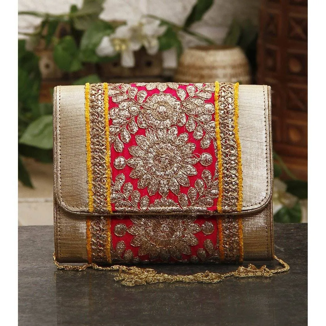 Pink & Yellow Zari & Sequin Clutch