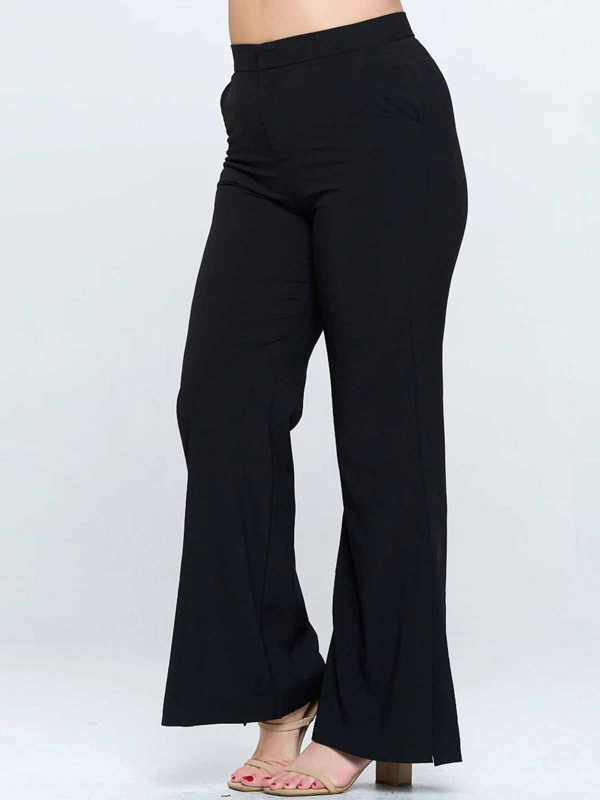 PLUS SIZE BUTTON CLOSURE POCKETS WIDE LEG PANTS
