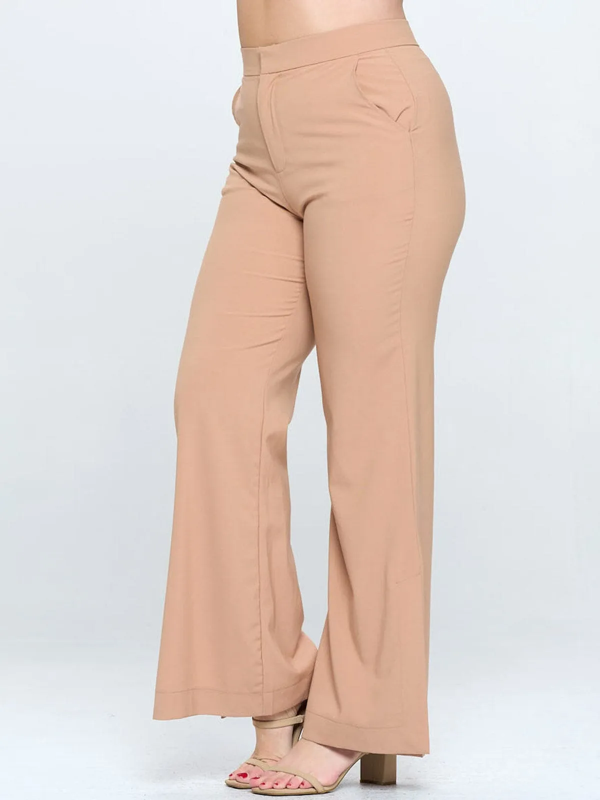 PLUS SIZE BUTTON CLOSURE POCKETS WIDE LEG PANTS