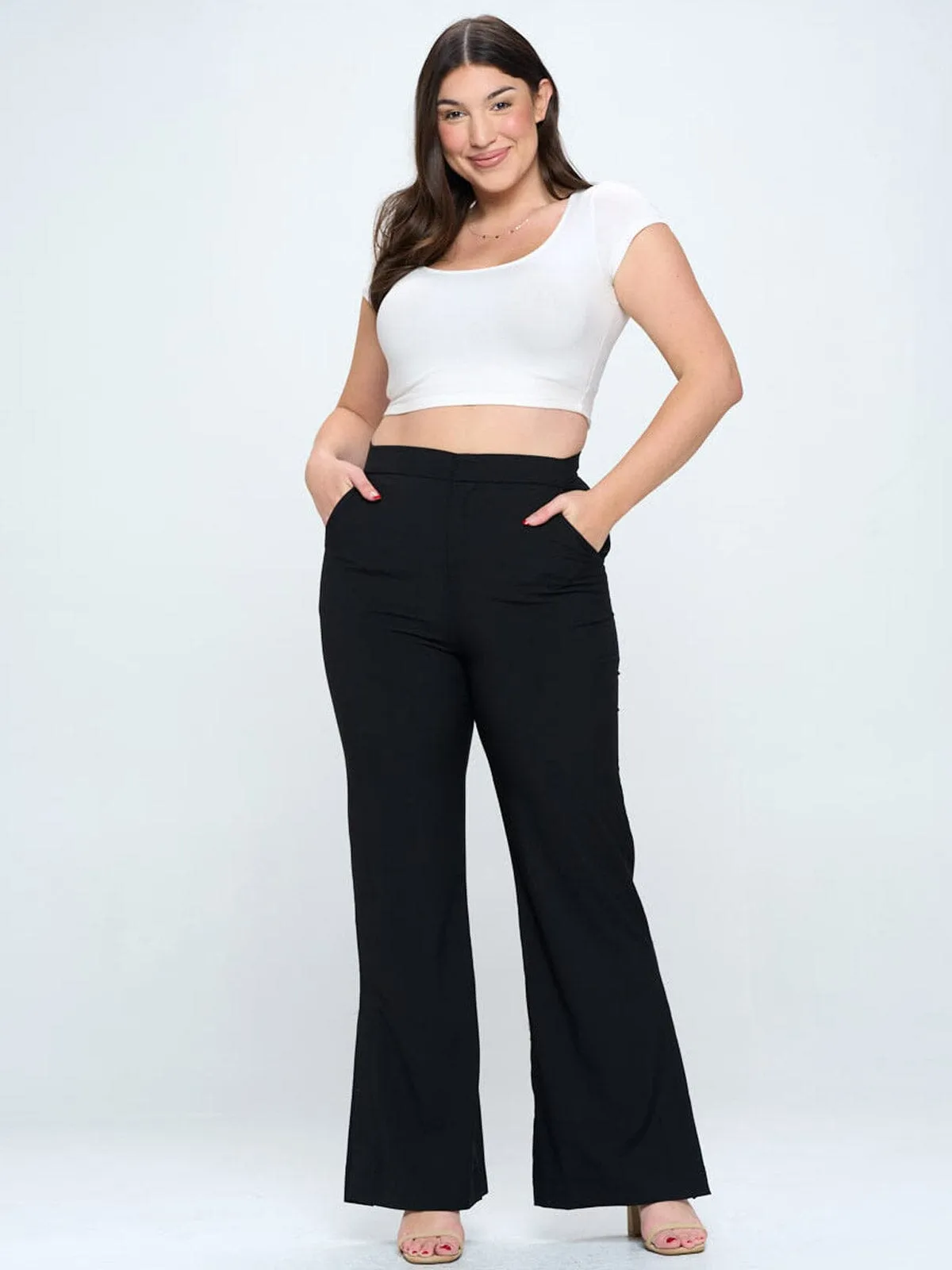PLUS SIZE BUTTON CLOSURE POCKETS WIDE LEG PANTS
