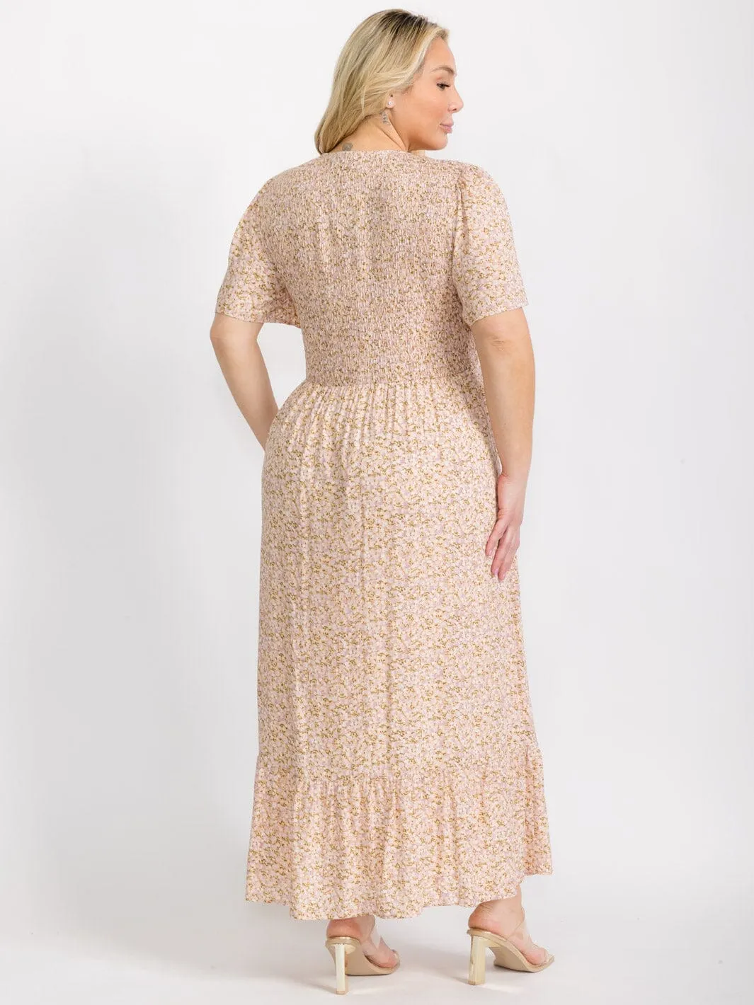 PLUS SIZE SHORT SLEEVES V-NECK SMOCK FRONT POCKETS FLORAL MAXI DRESS