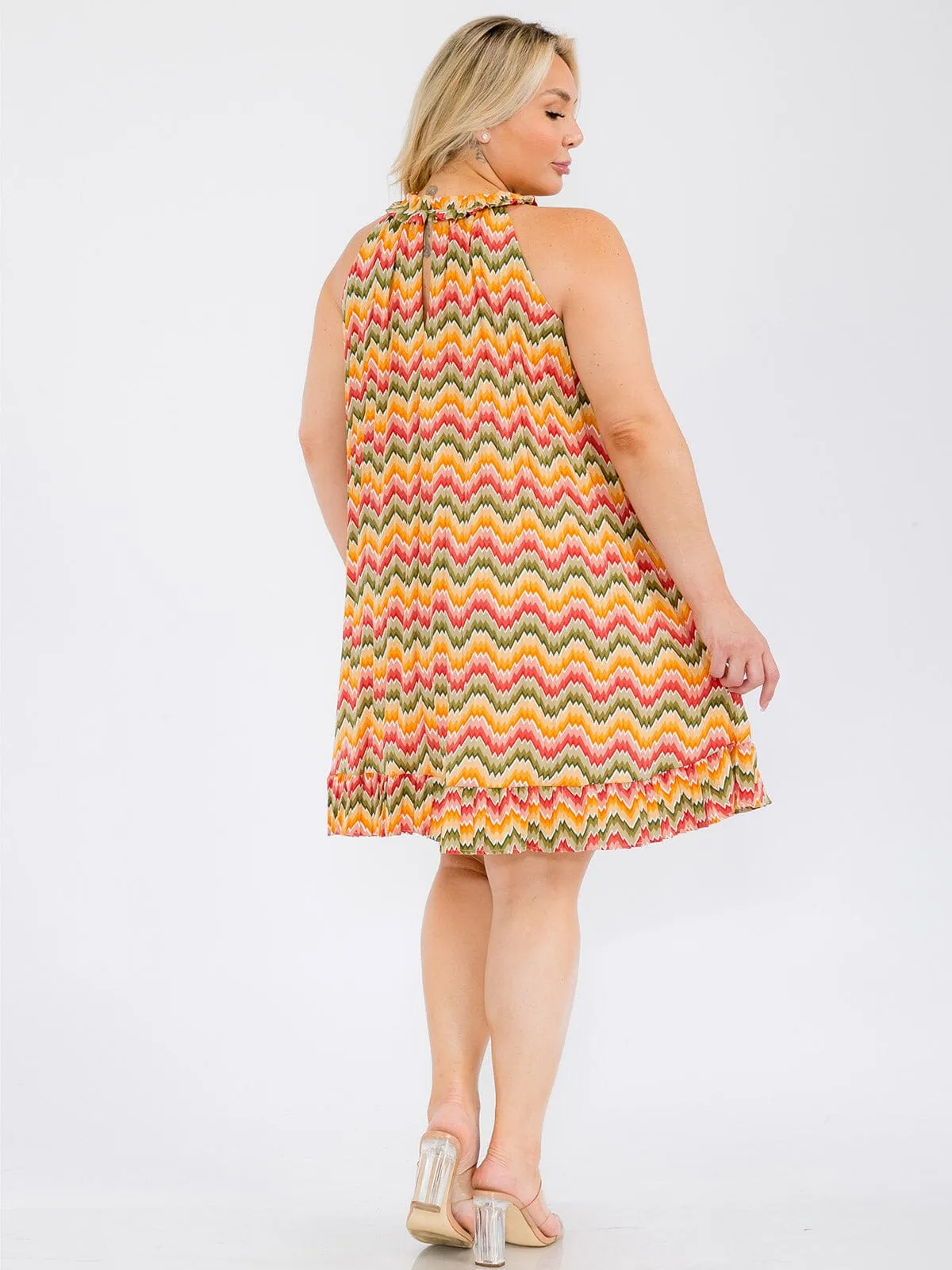 PLUS SIZE SLEEVELESS MULTI PRINT PLEATED TUNIC MINI DRESS