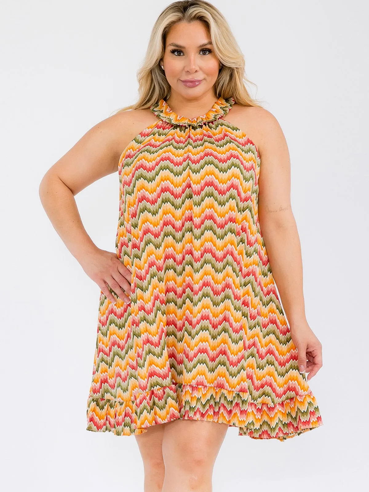 PLUS SIZE SLEEVELESS MULTI PRINT PLEATED TUNIC MINI DRESS