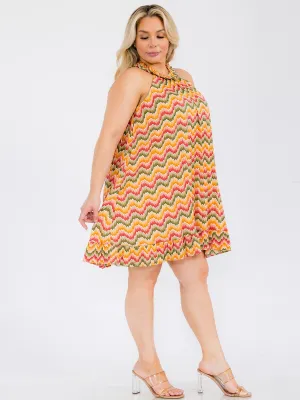 PLUS SIZE SLEEVELESS MULTI PRINT PLEATED TUNIC MINI DRESS