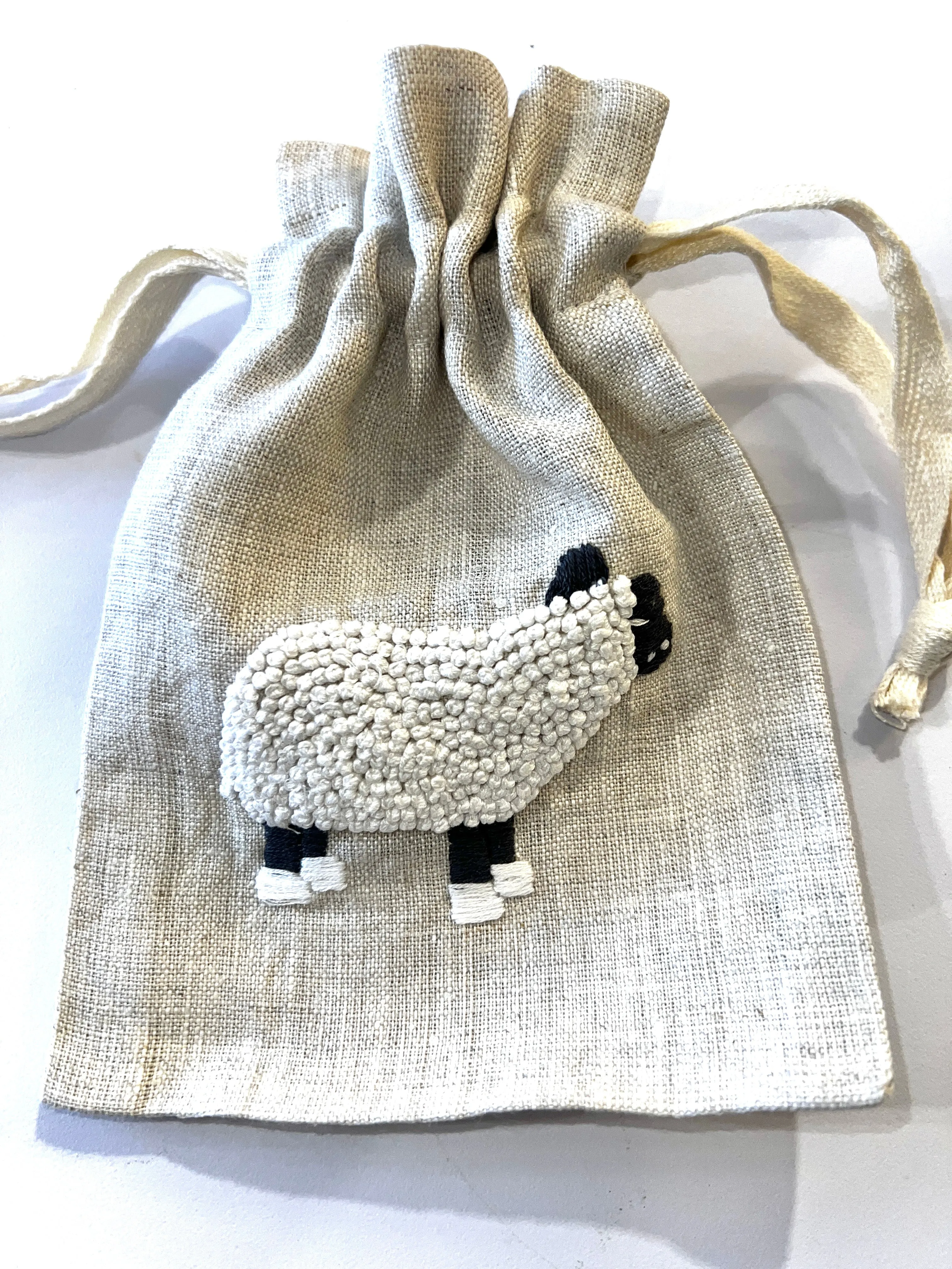 "Botanicals" Drawstring Pouch, hand embroidered linen