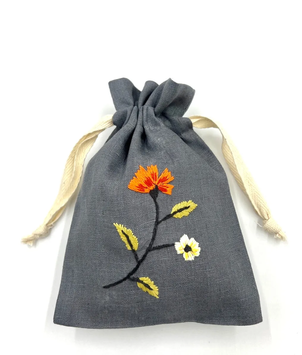"Botanicals" Drawstring Pouch, hand embroidered linen