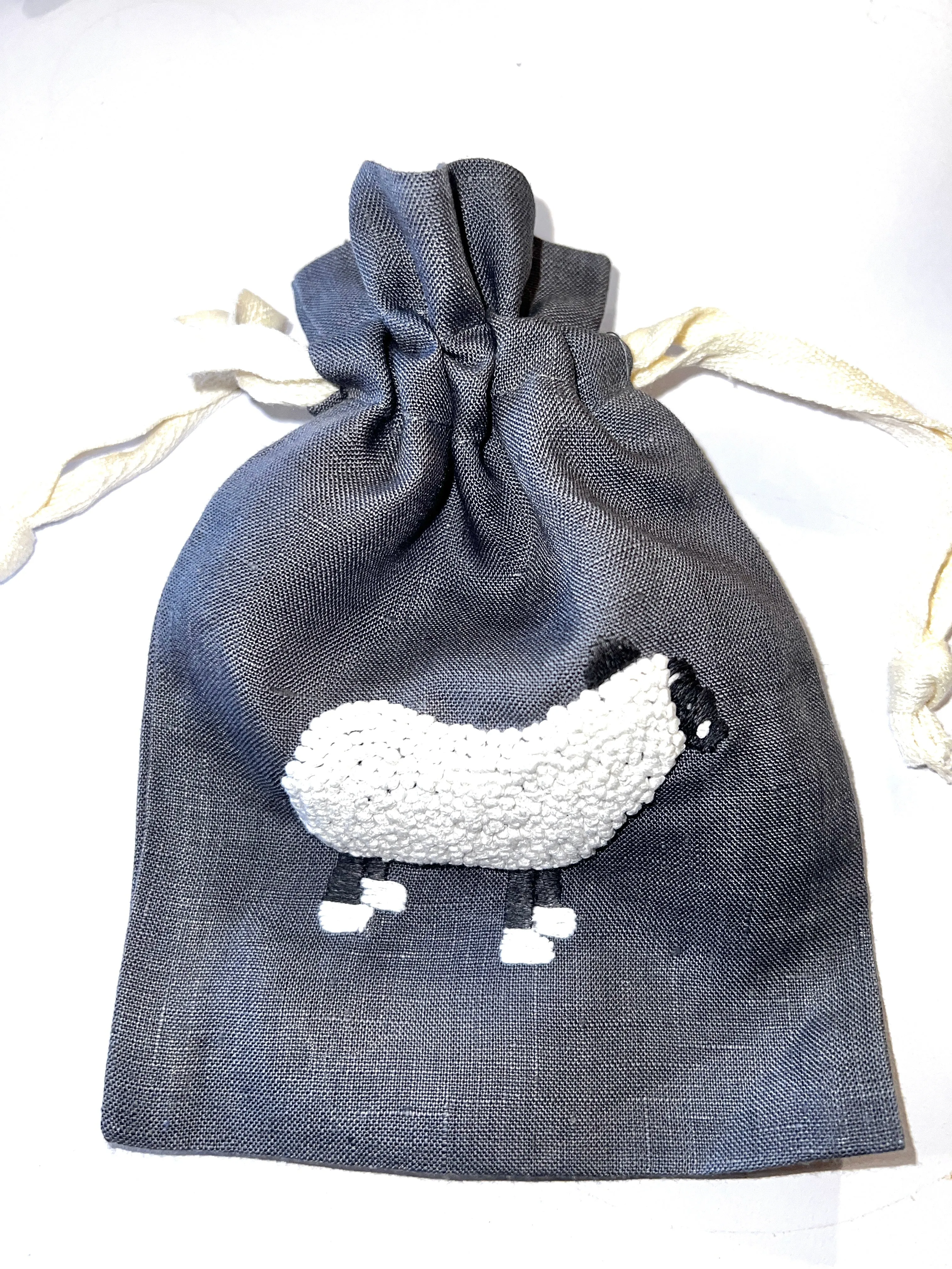 "Botanicals" Drawstring Pouch, hand embroidered linen