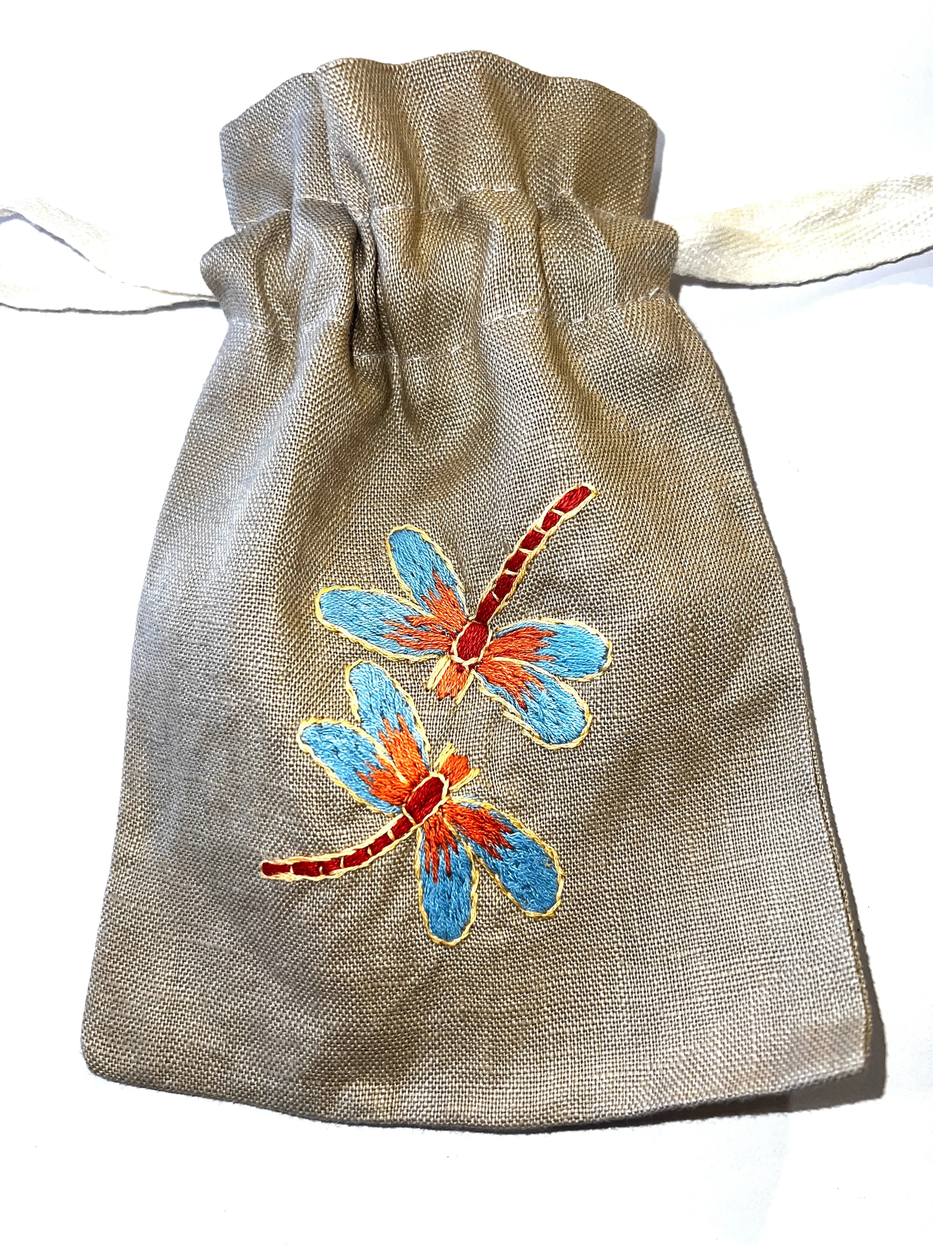 "Botanicals" Drawstring Pouch, hand embroidered linen