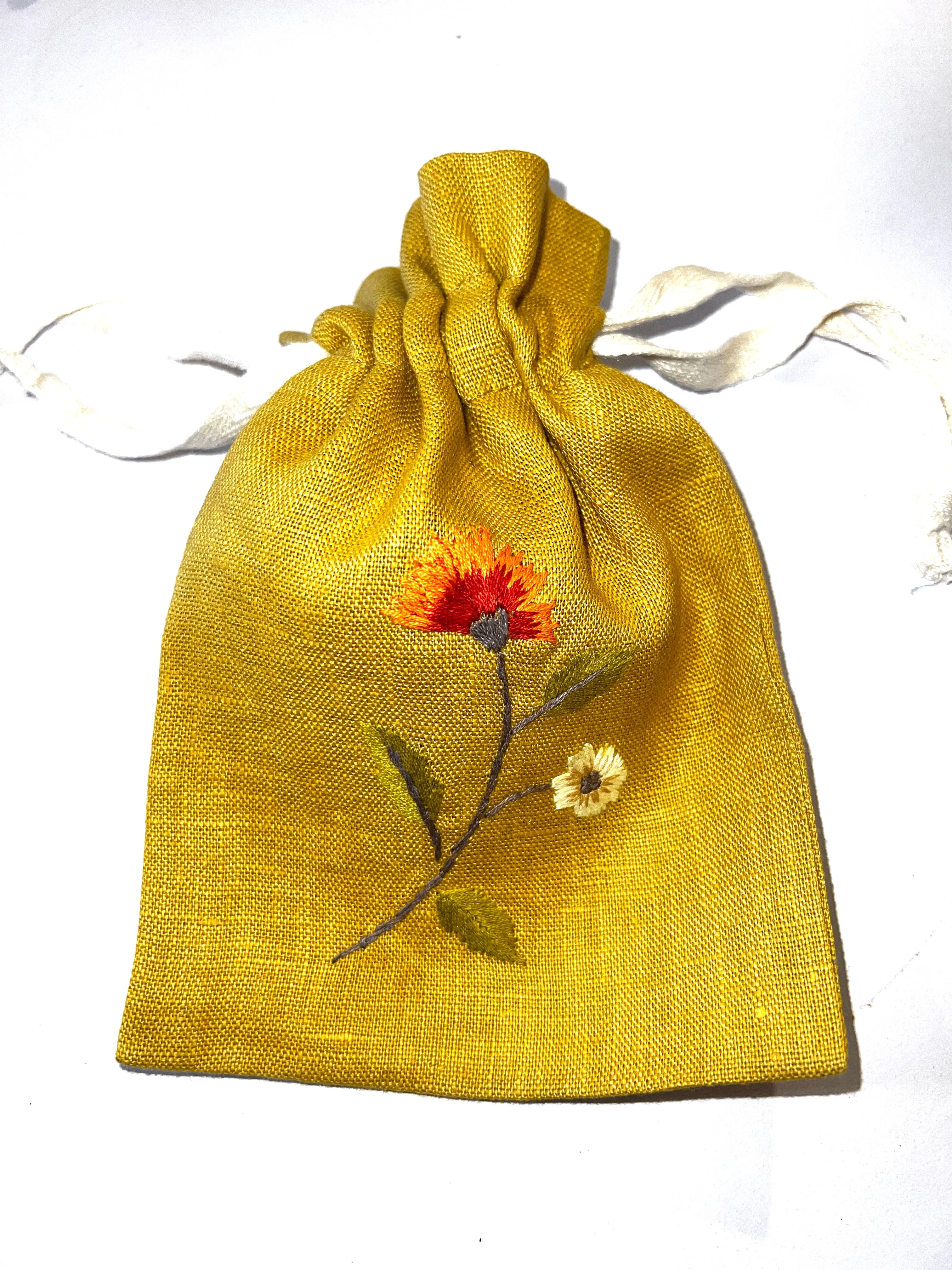 "Botanicals" Drawstring Pouch, hand embroidered linen