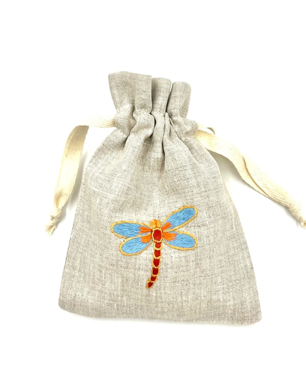 "Botanicals" Drawstring Pouch, hand embroidered linen