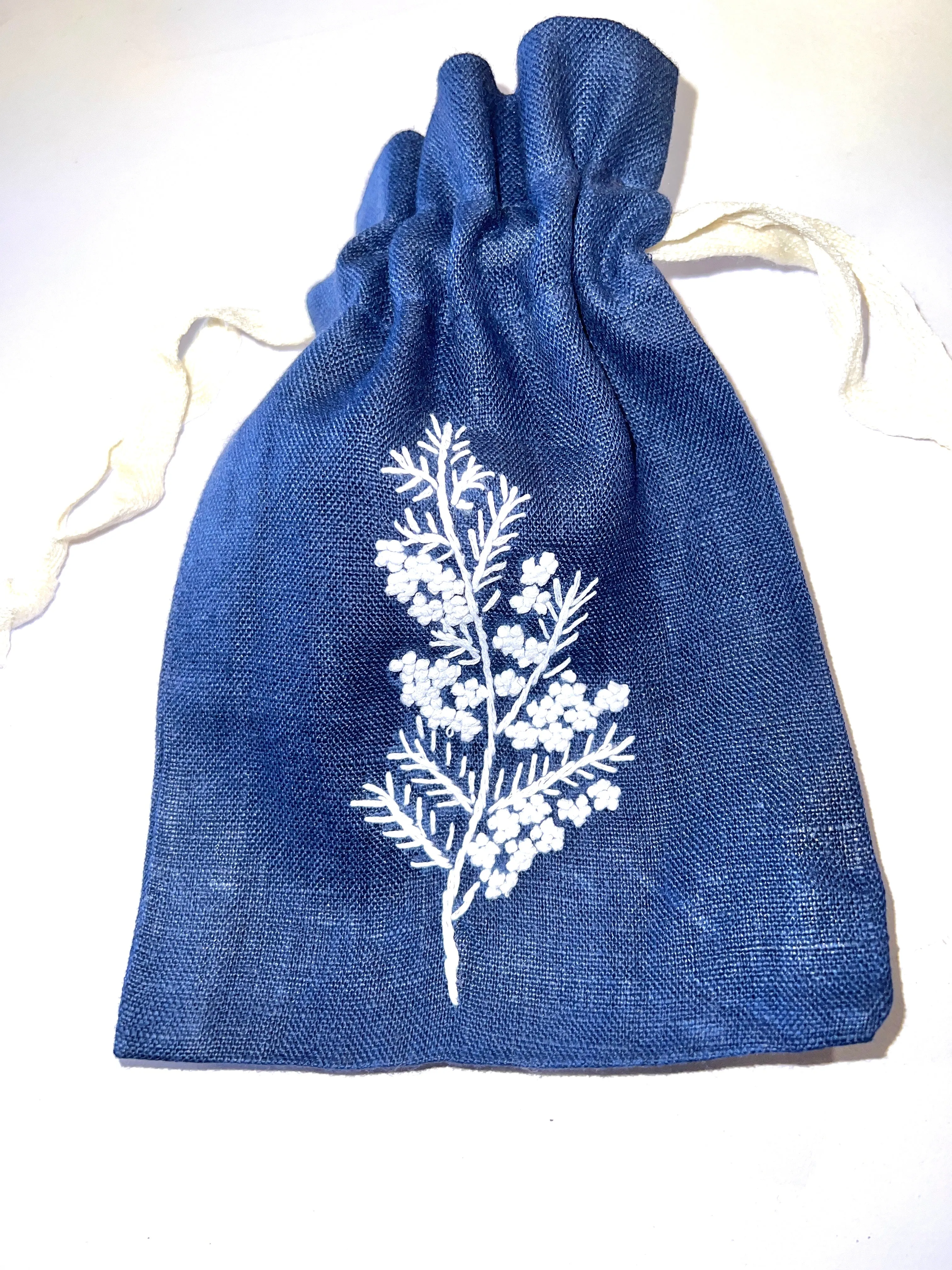 "Botanicals" Drawstring Pouch, hand embroidered linen