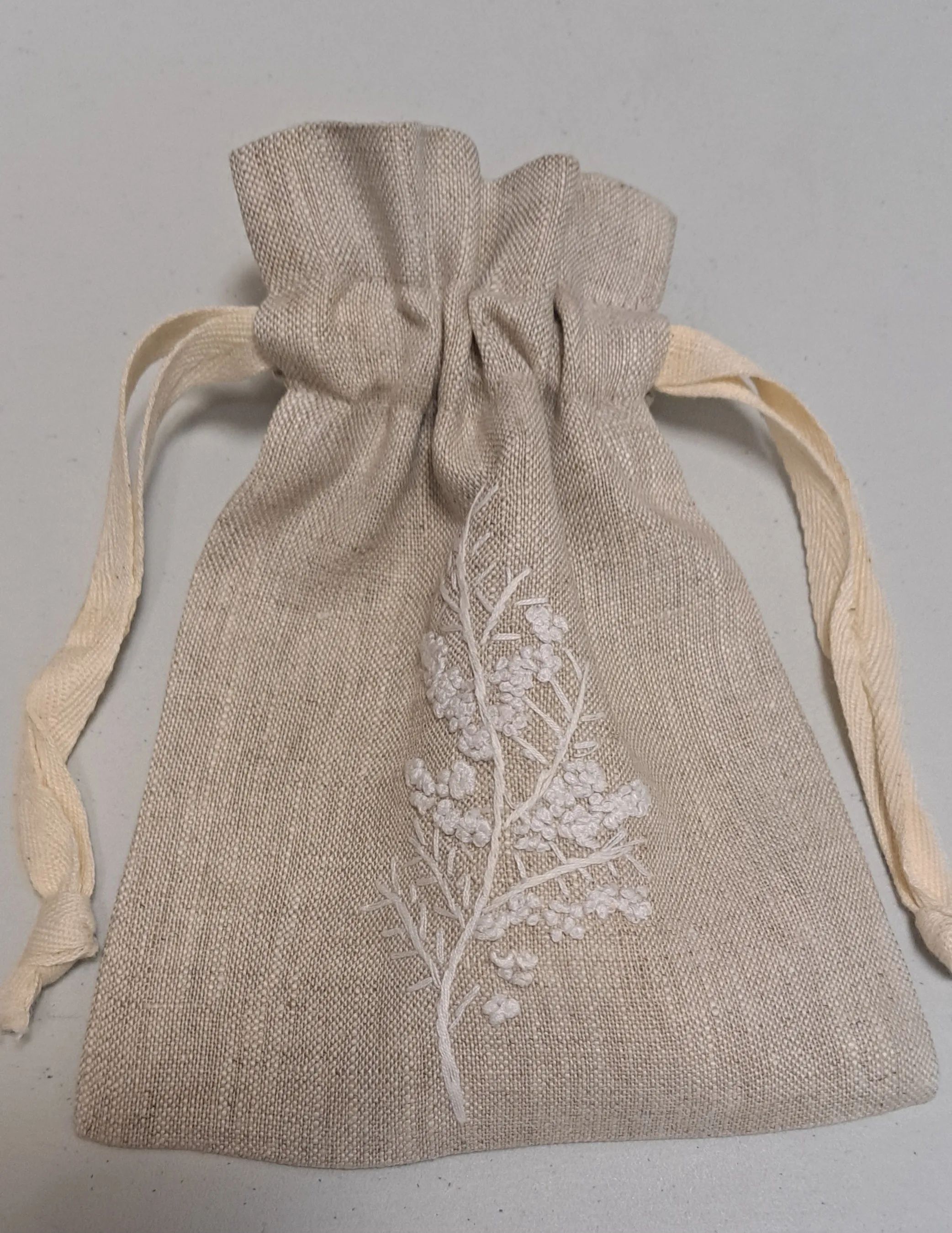 "Botanicals" Drawstring Pouch, hand embroidered linen