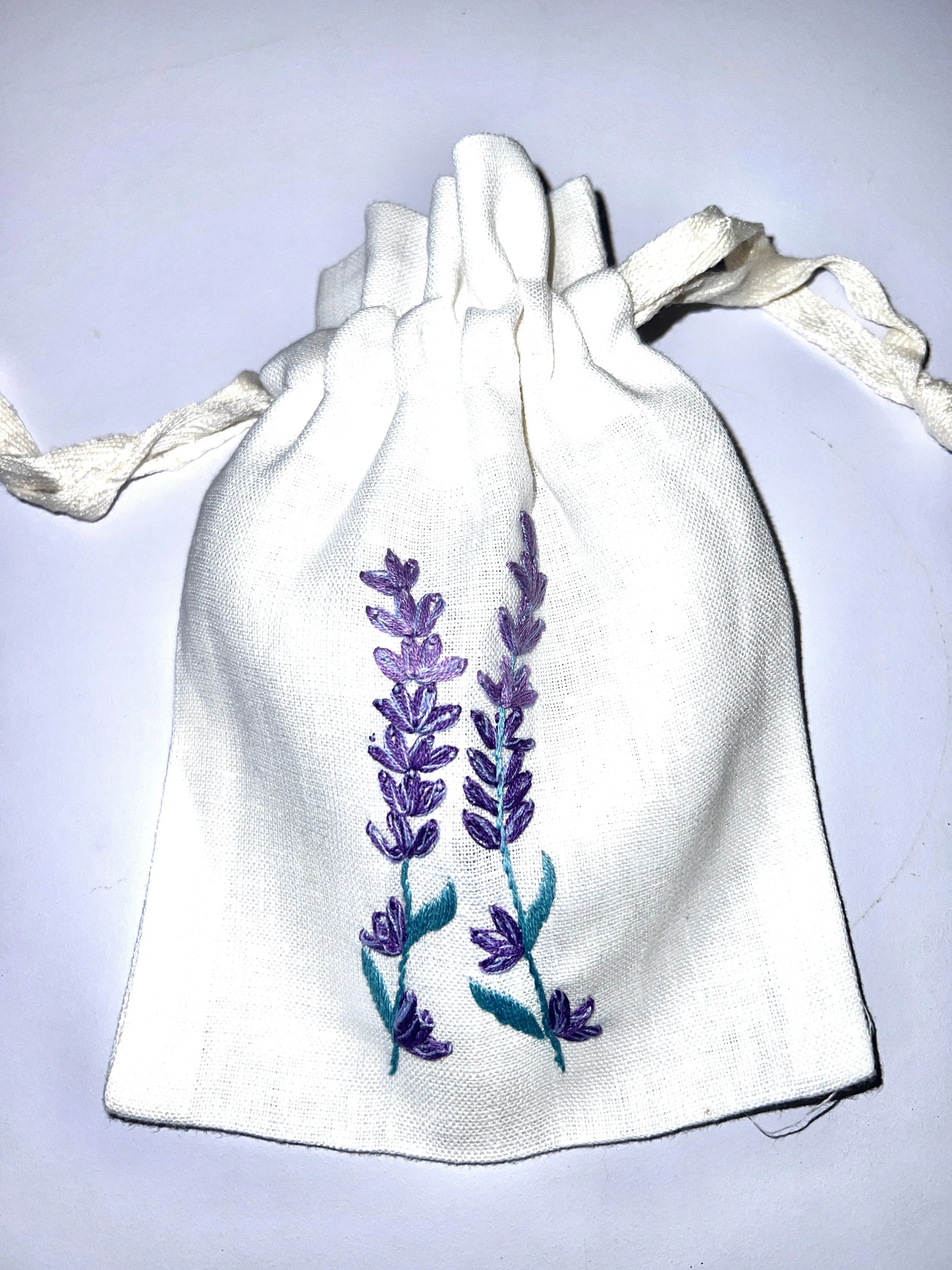 "Botanicals" Drawstring Pouch, hand embroidered linen
