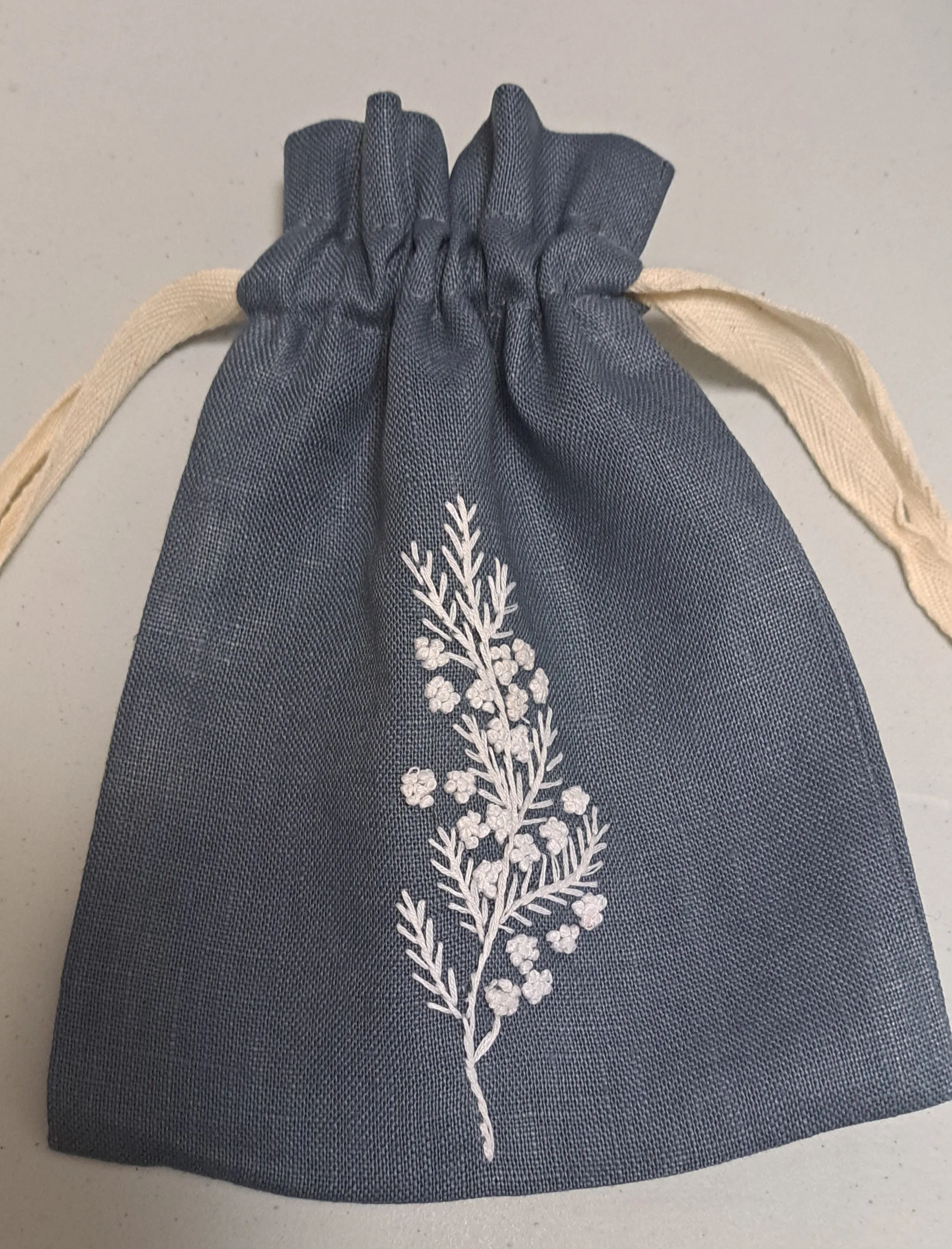 "Botanicals" Drawstring Pouch, hand embroidered linen
