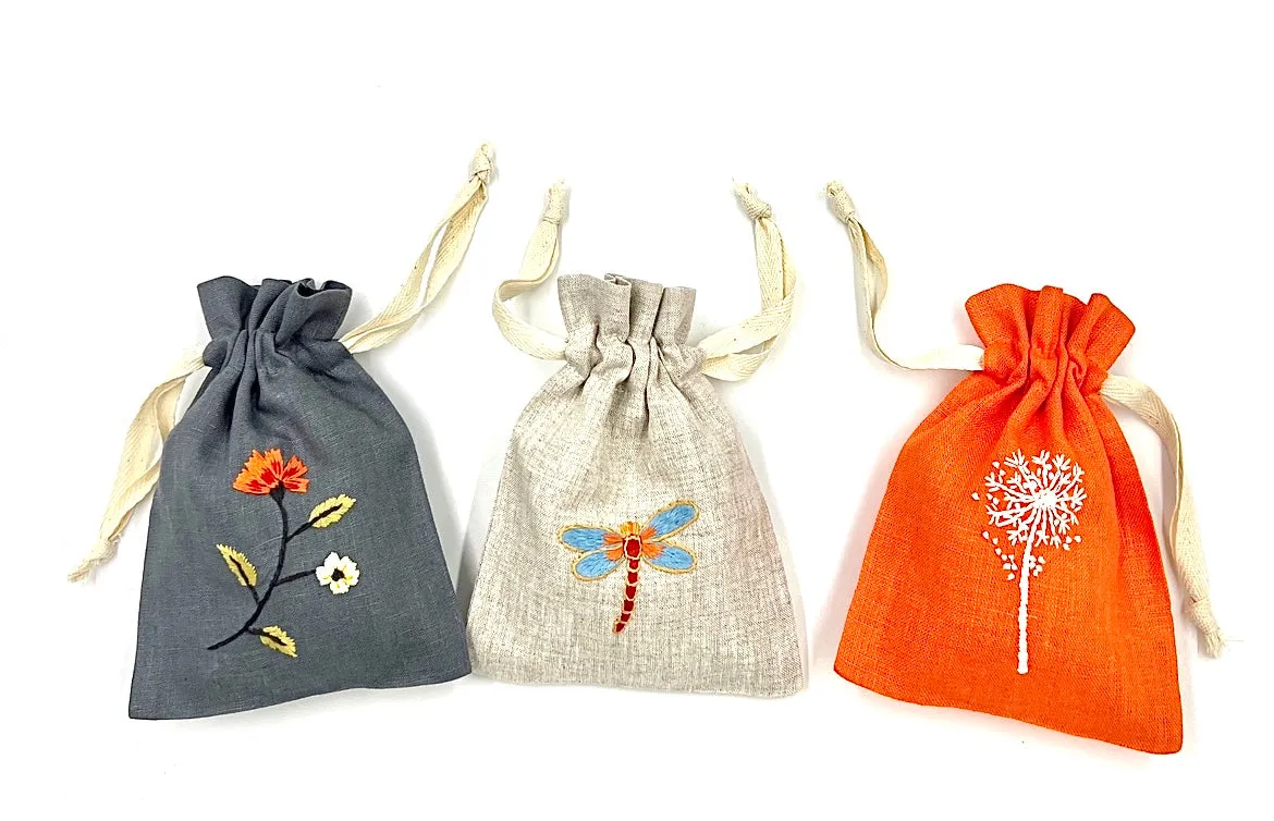 "Botanicals" Drawstring Pouch, hand embroidered linen