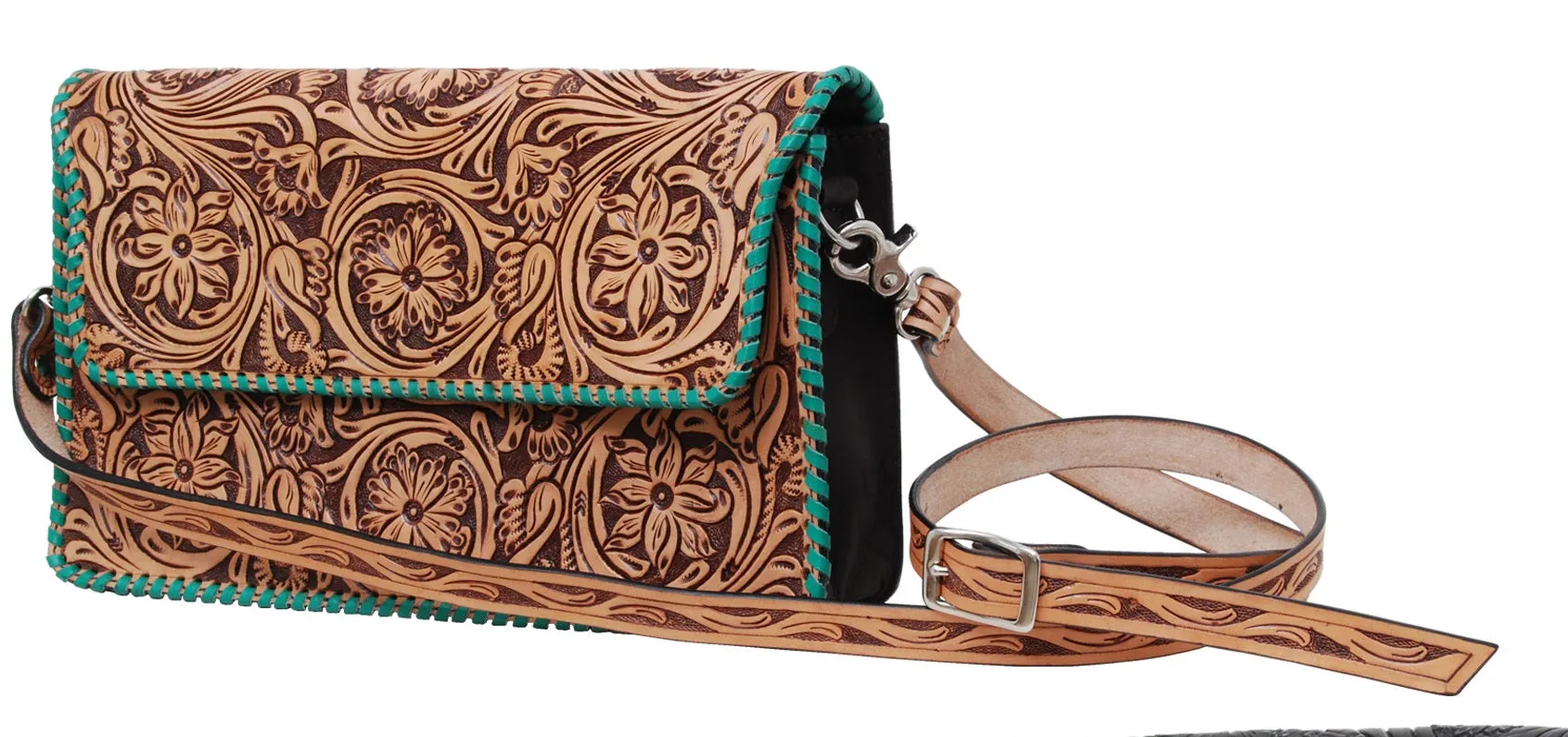 Rafter T Ranch Brown Floral Tooled with Turquoise Whipstitch Crossbody Bag