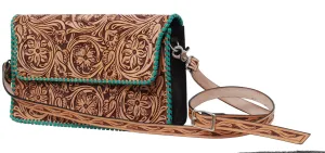 Rafter T Ranch Brown Floral Tooled with Turquoise Whipstitch Crossbody Bag