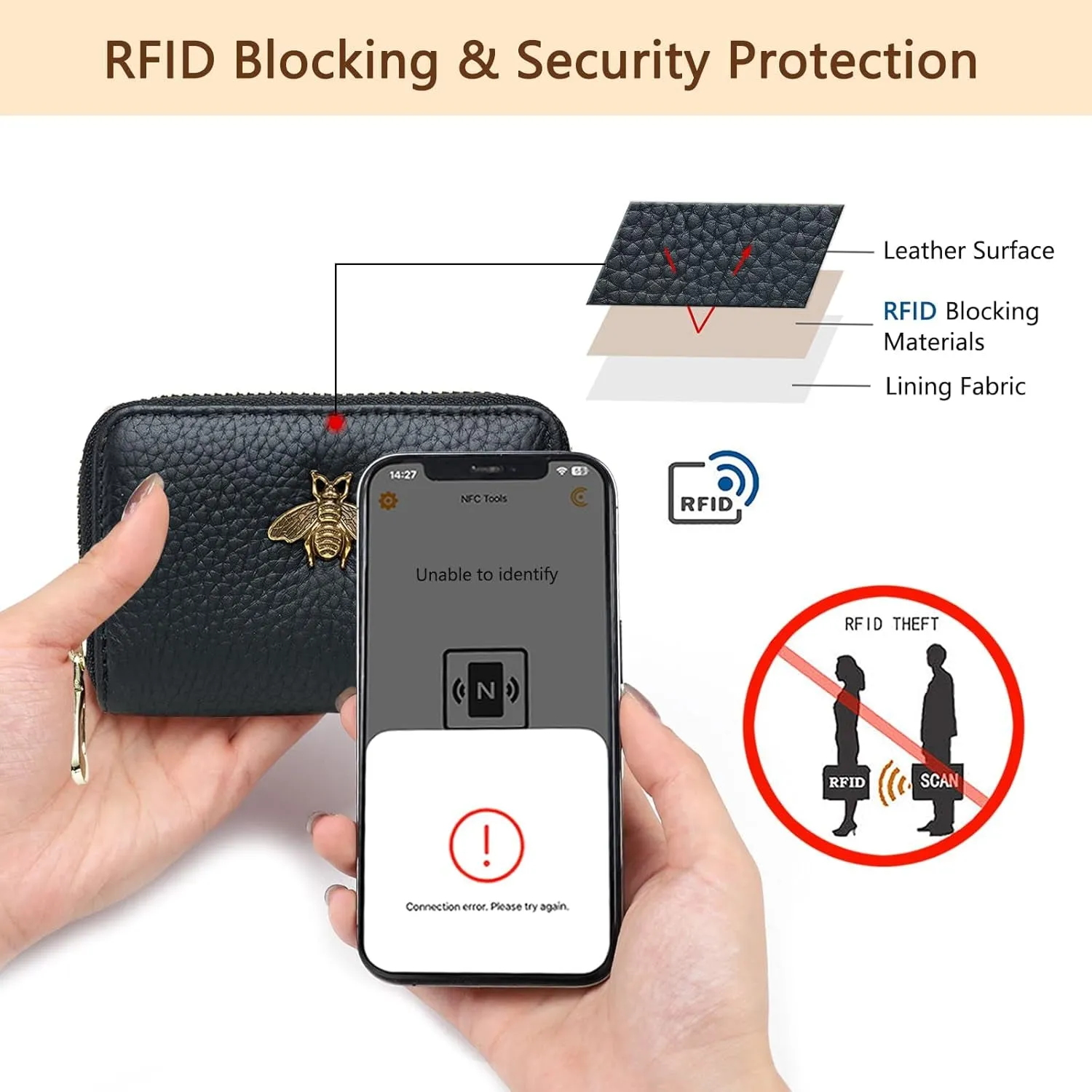 RFID Blocking Credit Card Holder for Women, Small Leather Zipper Wallet