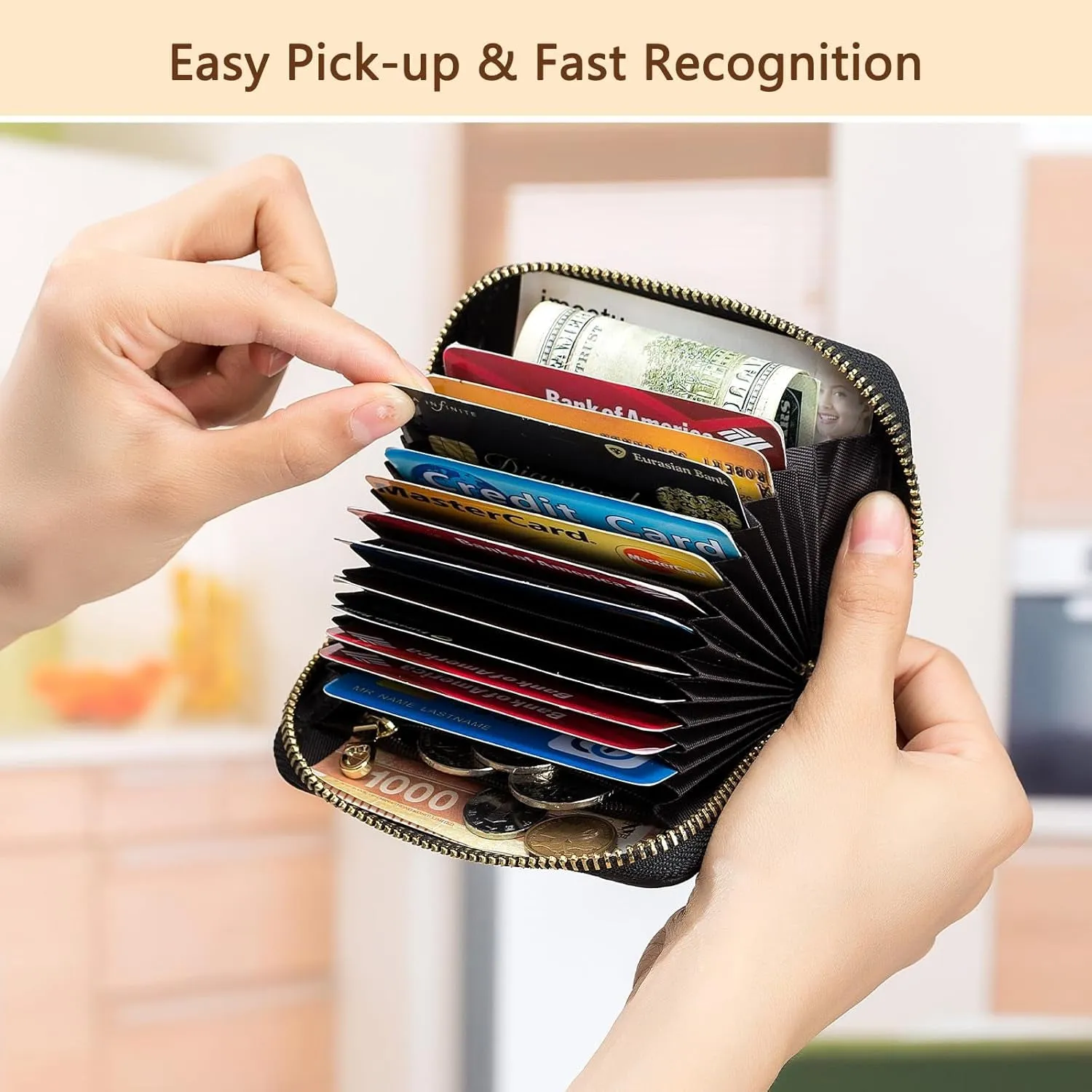 RFID Blocking Credit Card Holder for Women, Small Leather Zipper Wallet