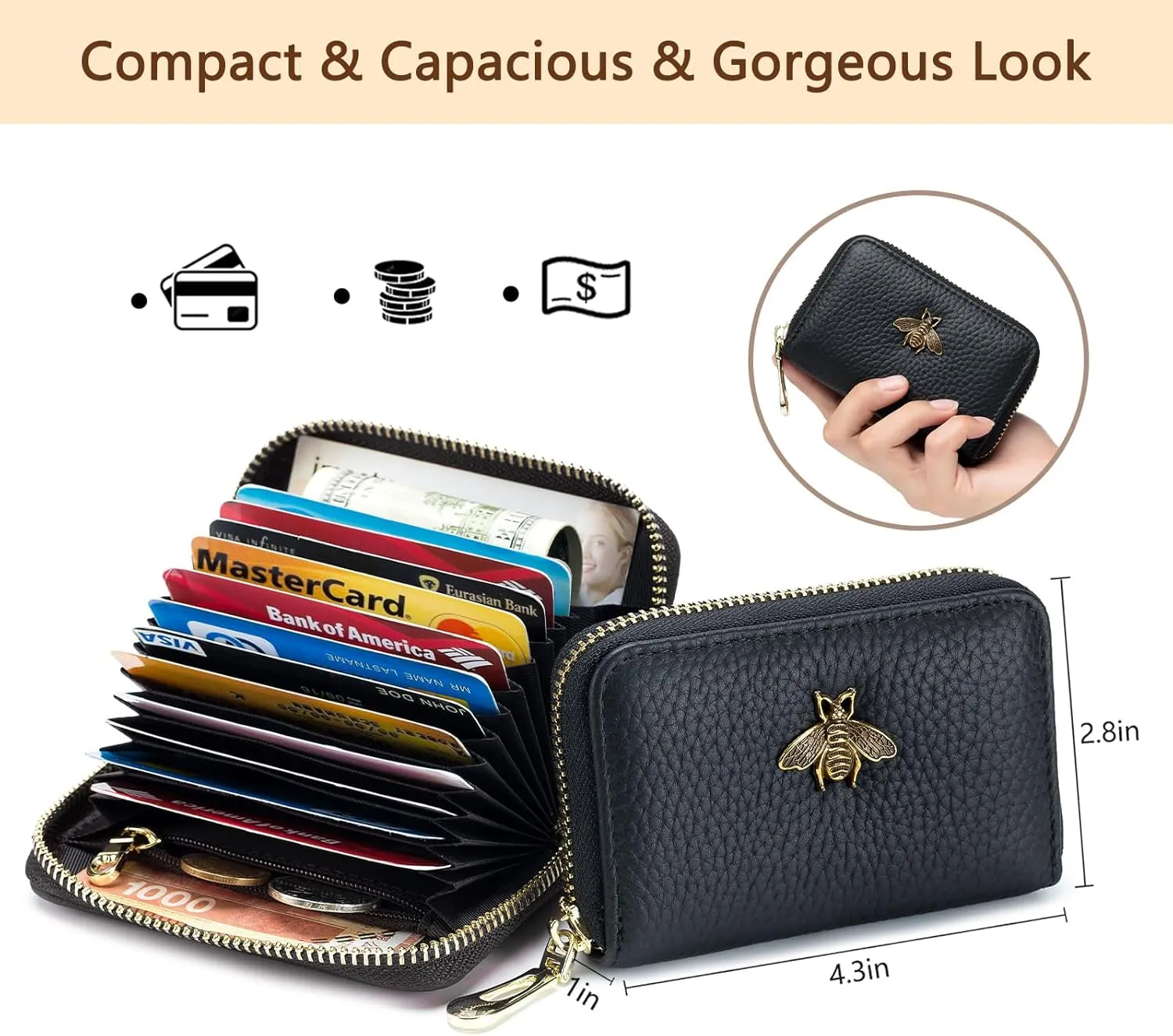 RFID Blocking Credit Card Holder for Women, Small Leather Zipper Wallet