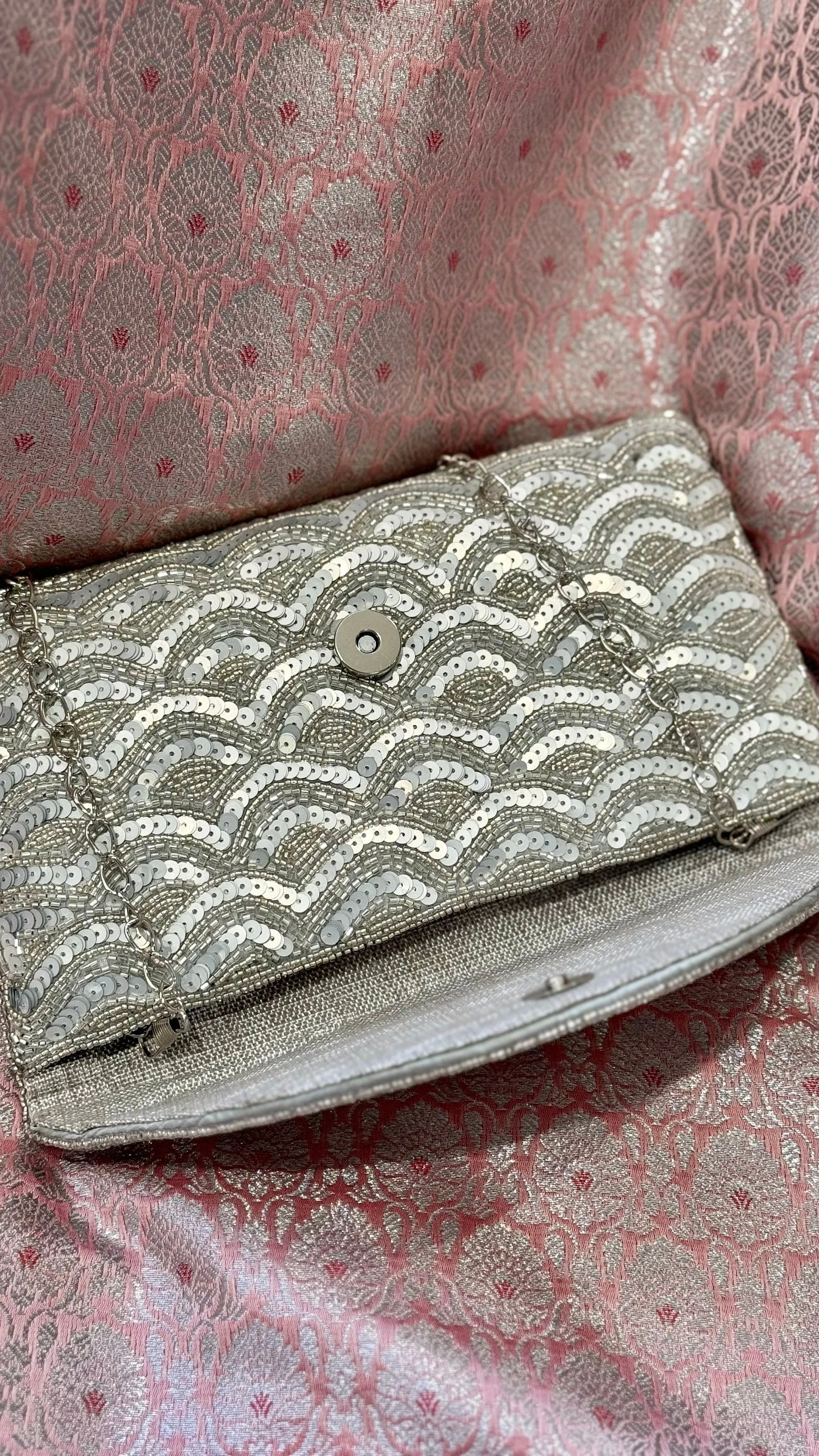 Silver Sequin and Bead Embellished Clutch | Handmade Evening Wristlet | Envelope Evening Bag | Bridal Clutch | Shoulder Bag | Crossbody