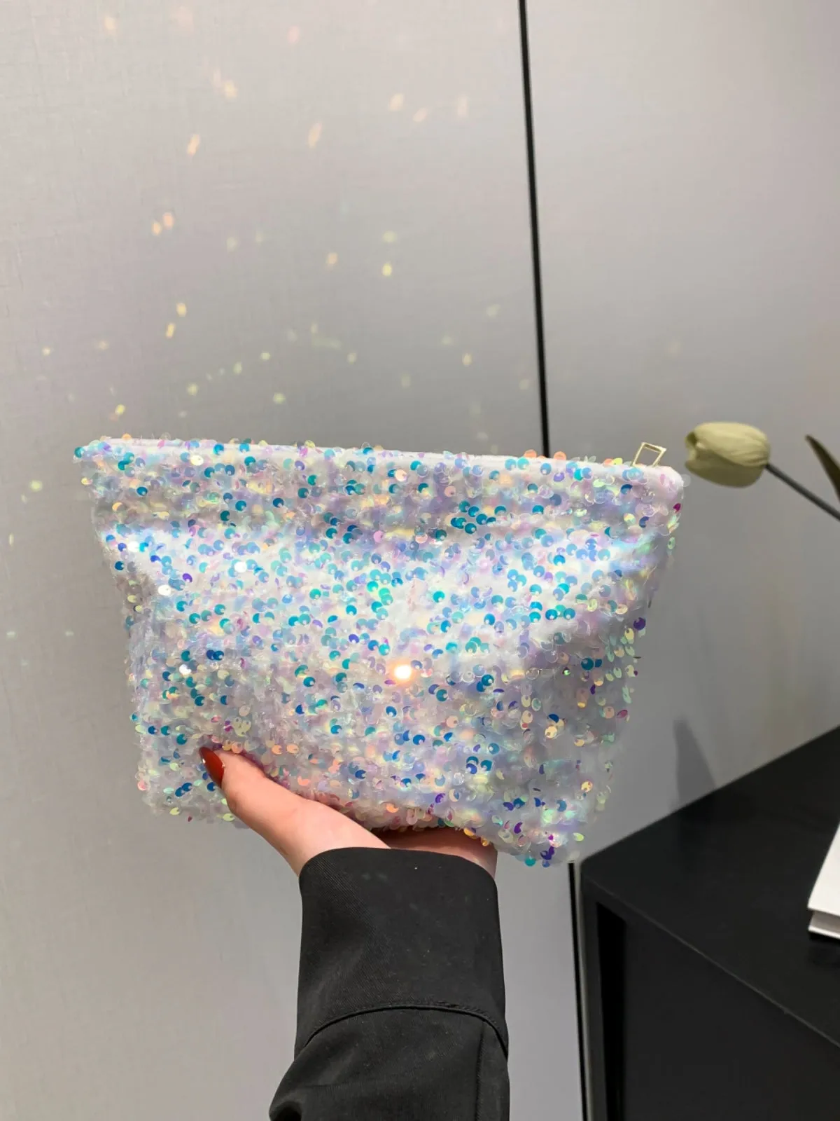 Stylish Sequin clutch bag black with Zipper