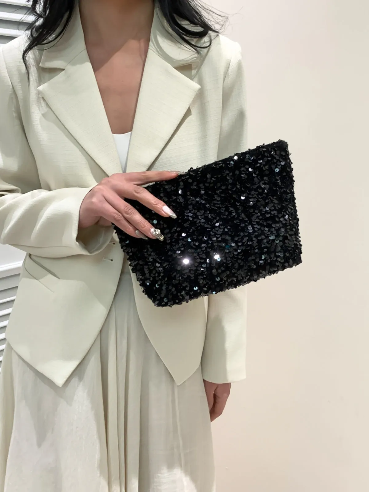 Stylish Sequin clutch bag black with Zipper