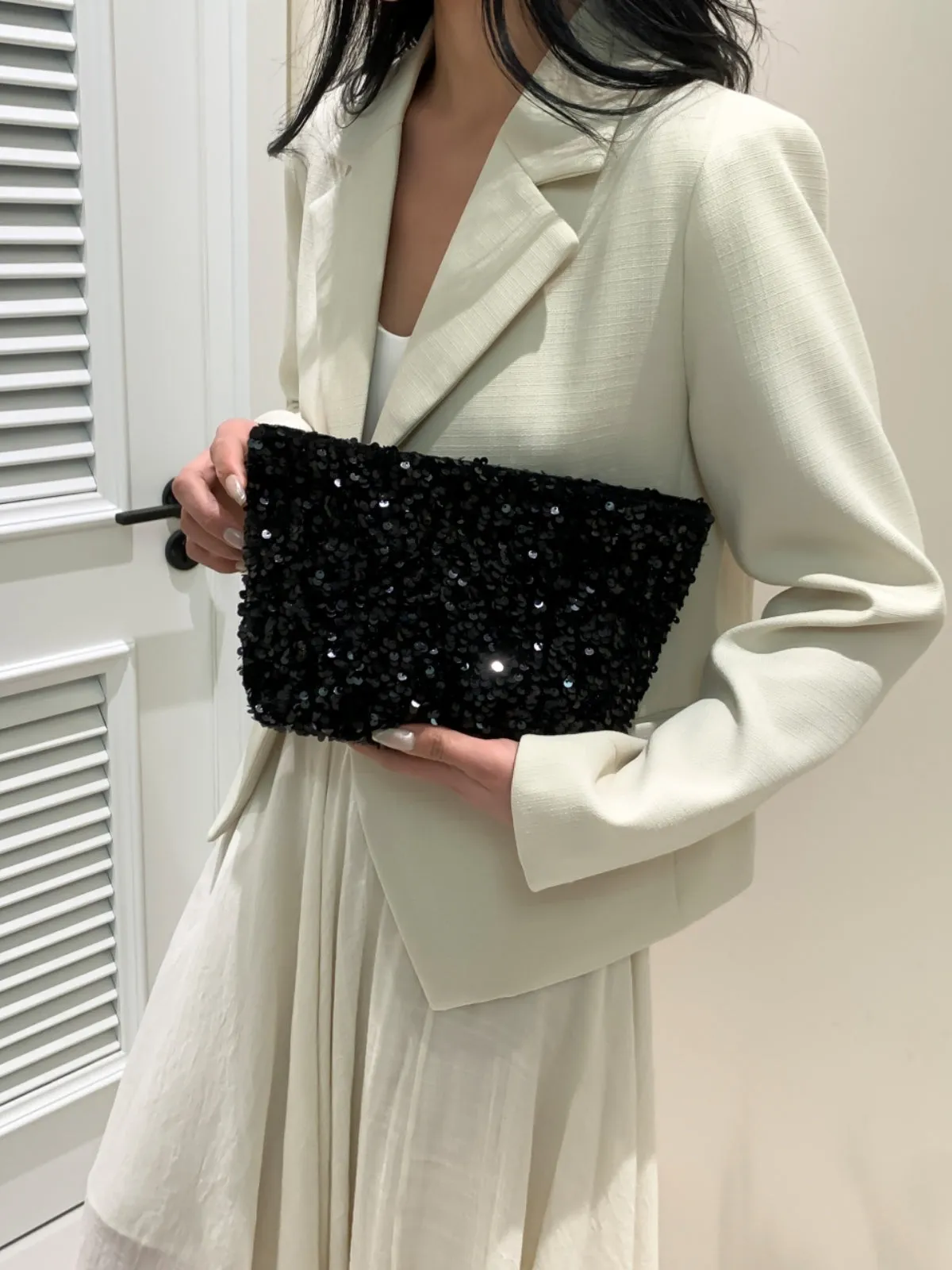 Stylish Sequin clutch bag black with Zipper
