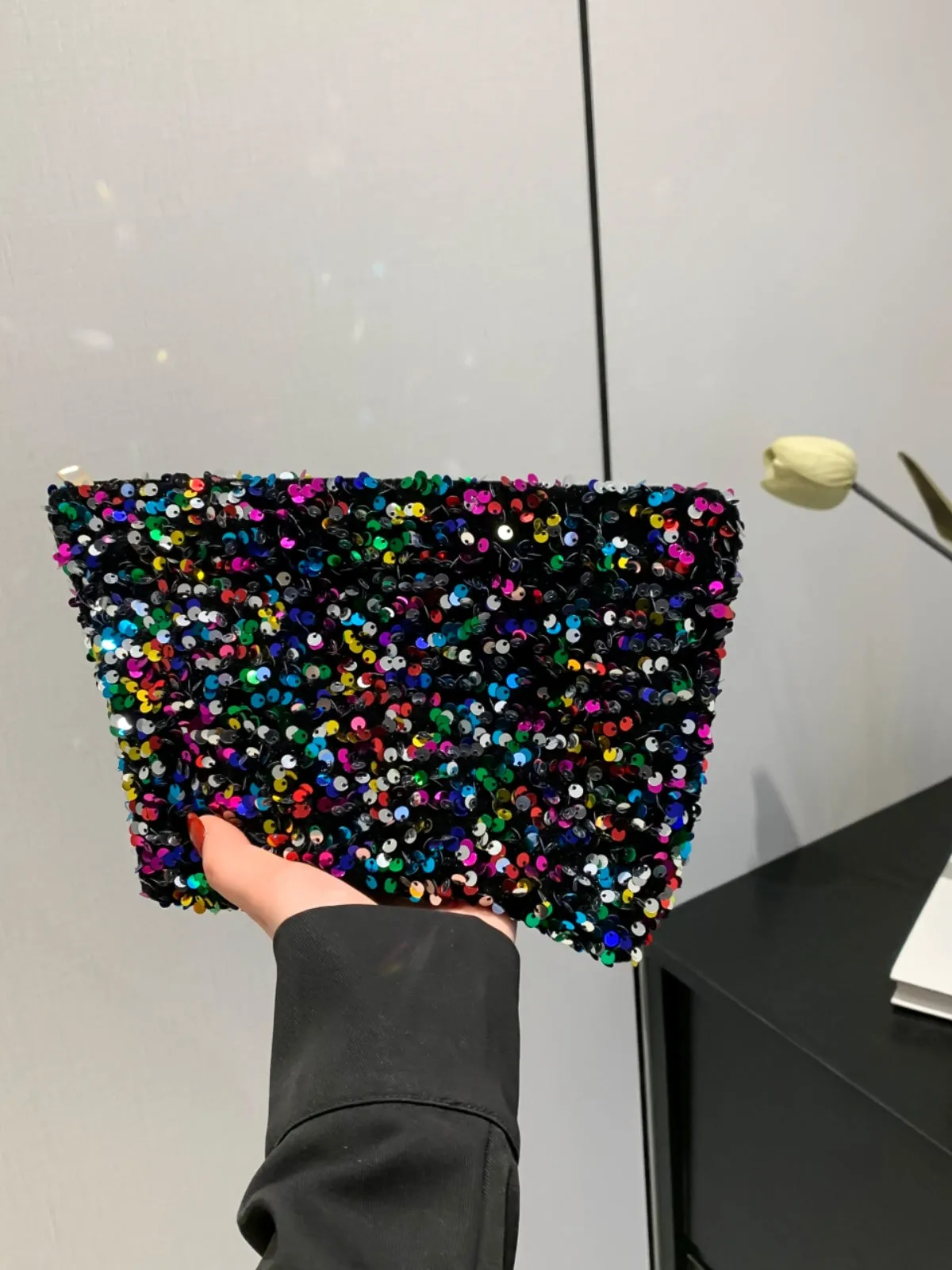 Stylish Sequin clutch bag black with Zipper