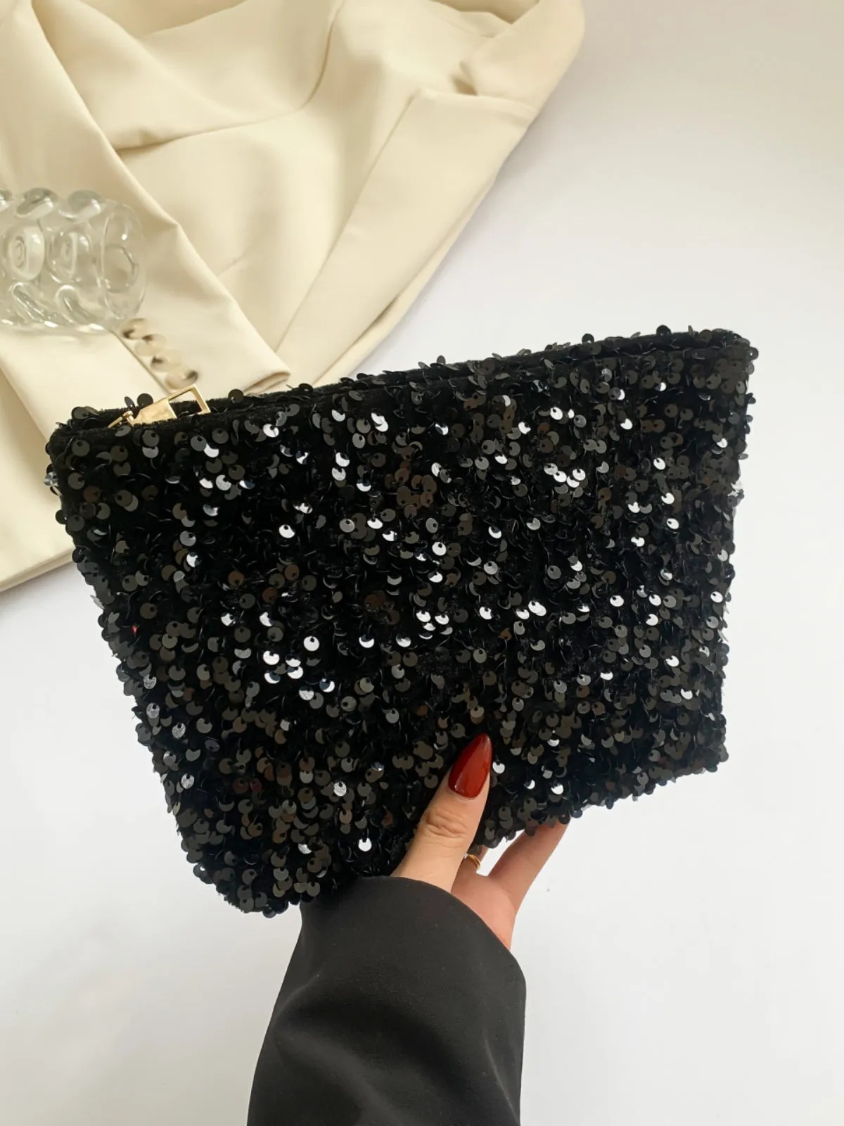 Stylish Sequin clutch bag black with Zipper